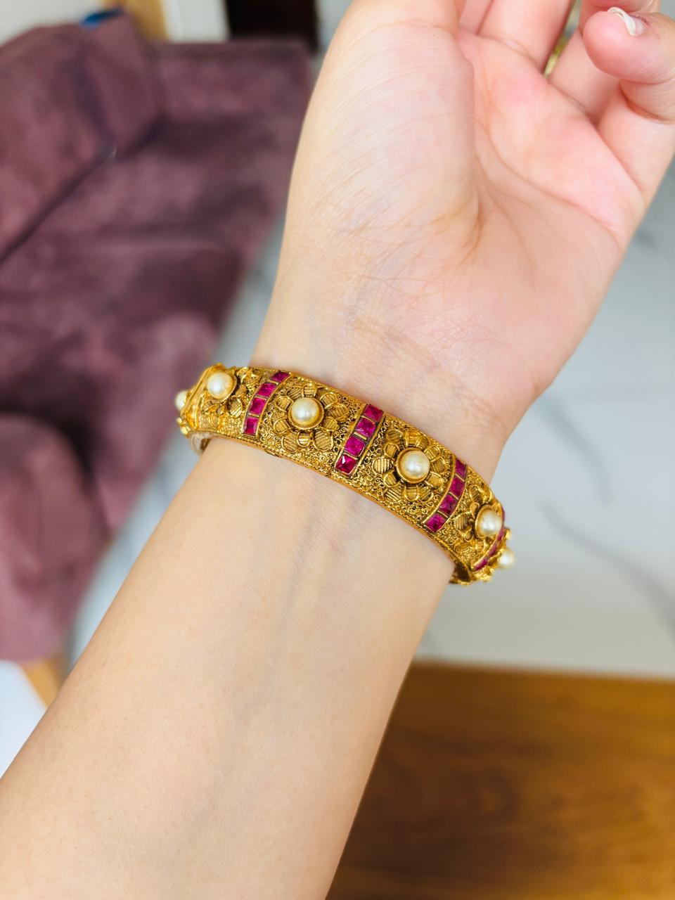 Gold Pearl Flower Kada Bangle