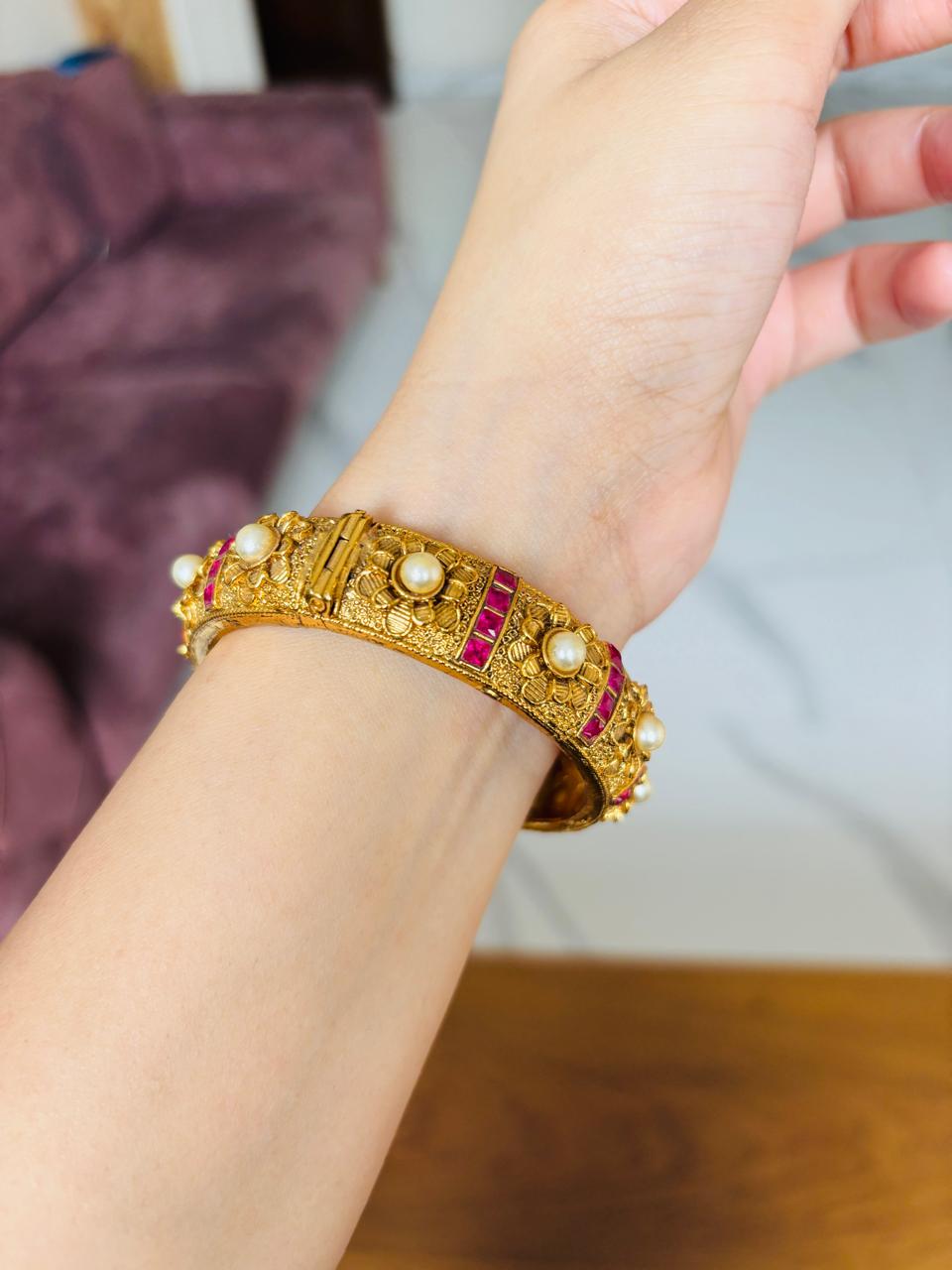 Gold Pearl Flower Kada Bangle