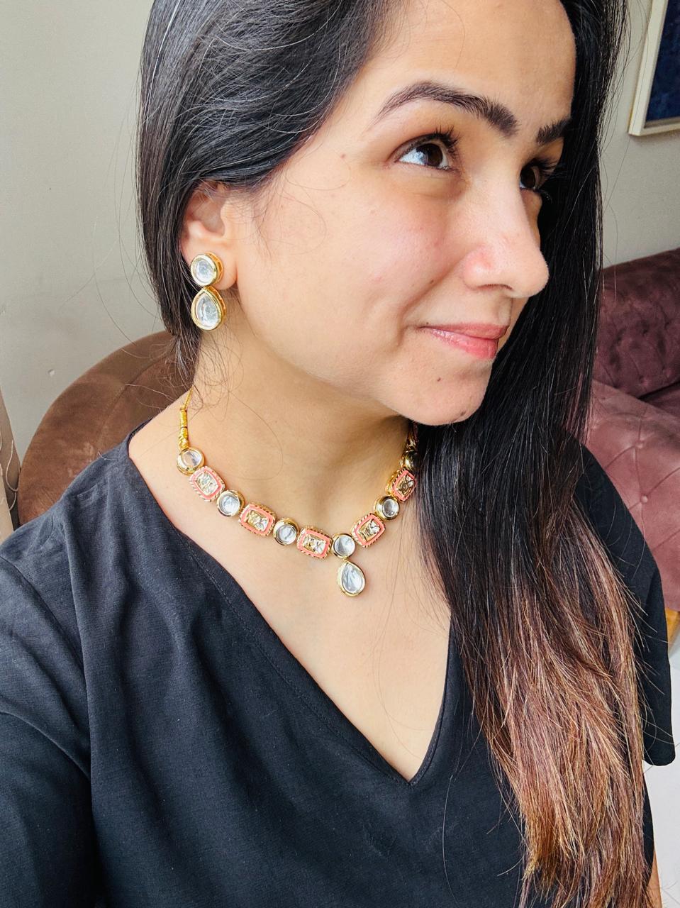Orange Polki Necklace Set