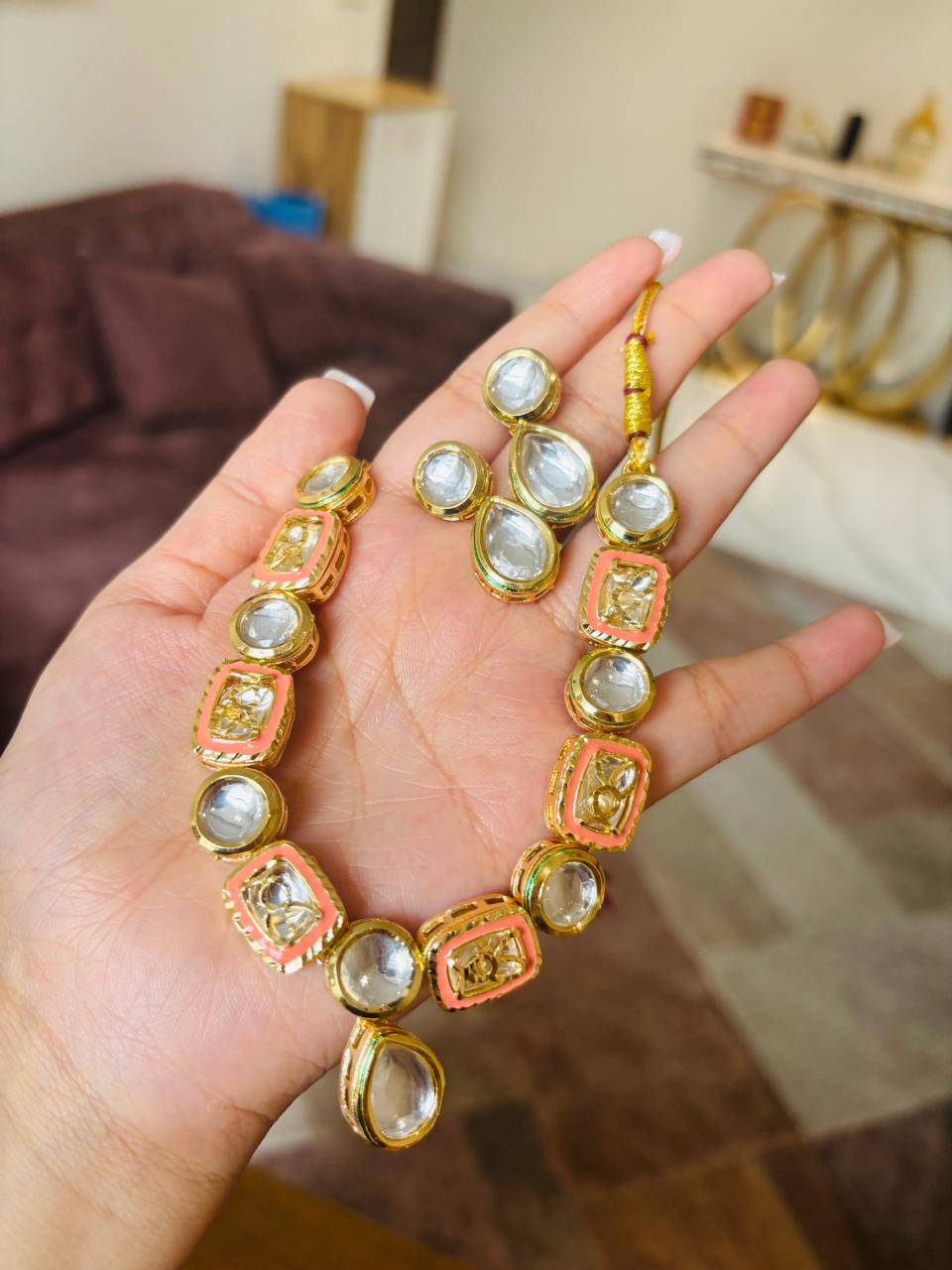 Orange Polki Necklace Set