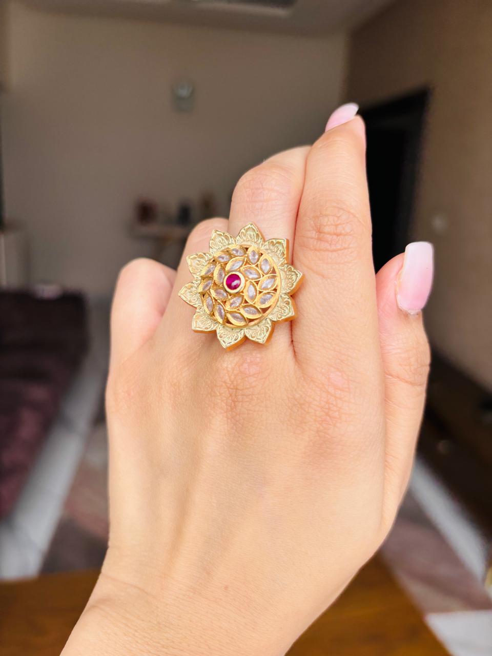 Yellow Meenakari Kundan Ring