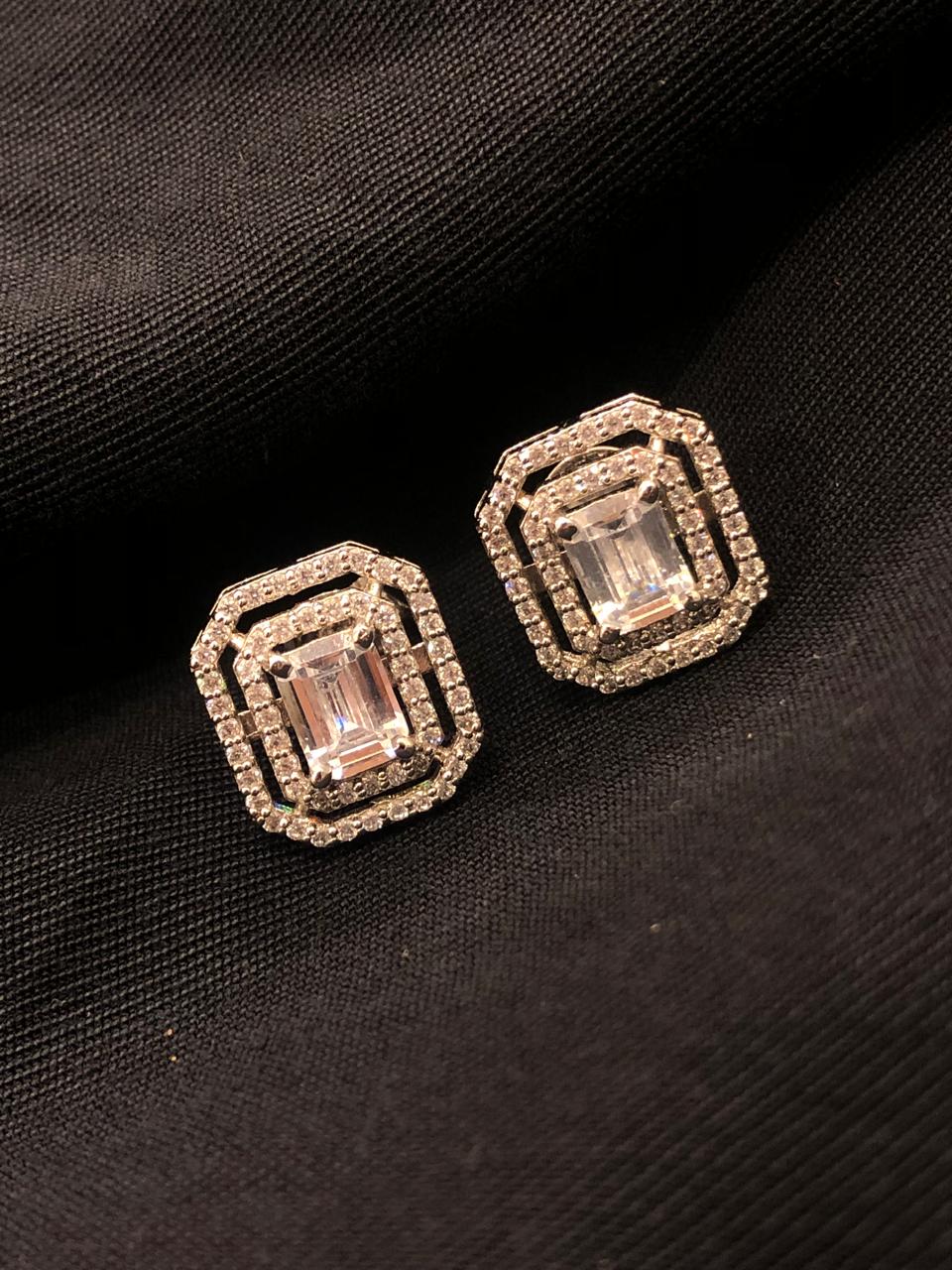 Princess Cut Stud Silver Earrings