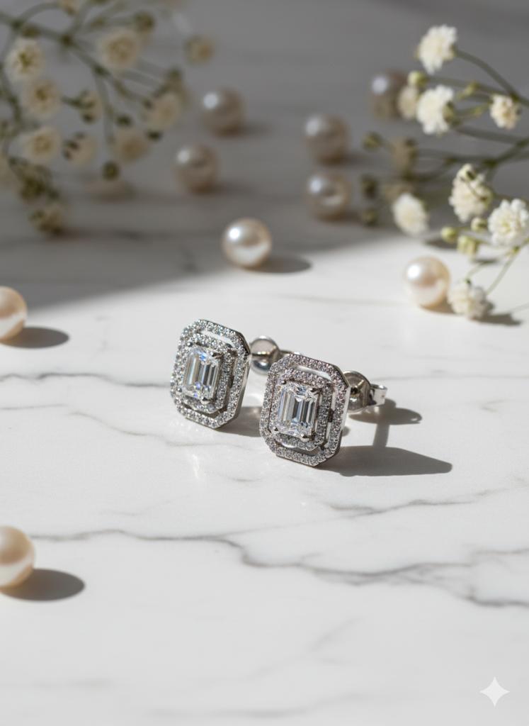 Princess Cut Stud Silver Earrings