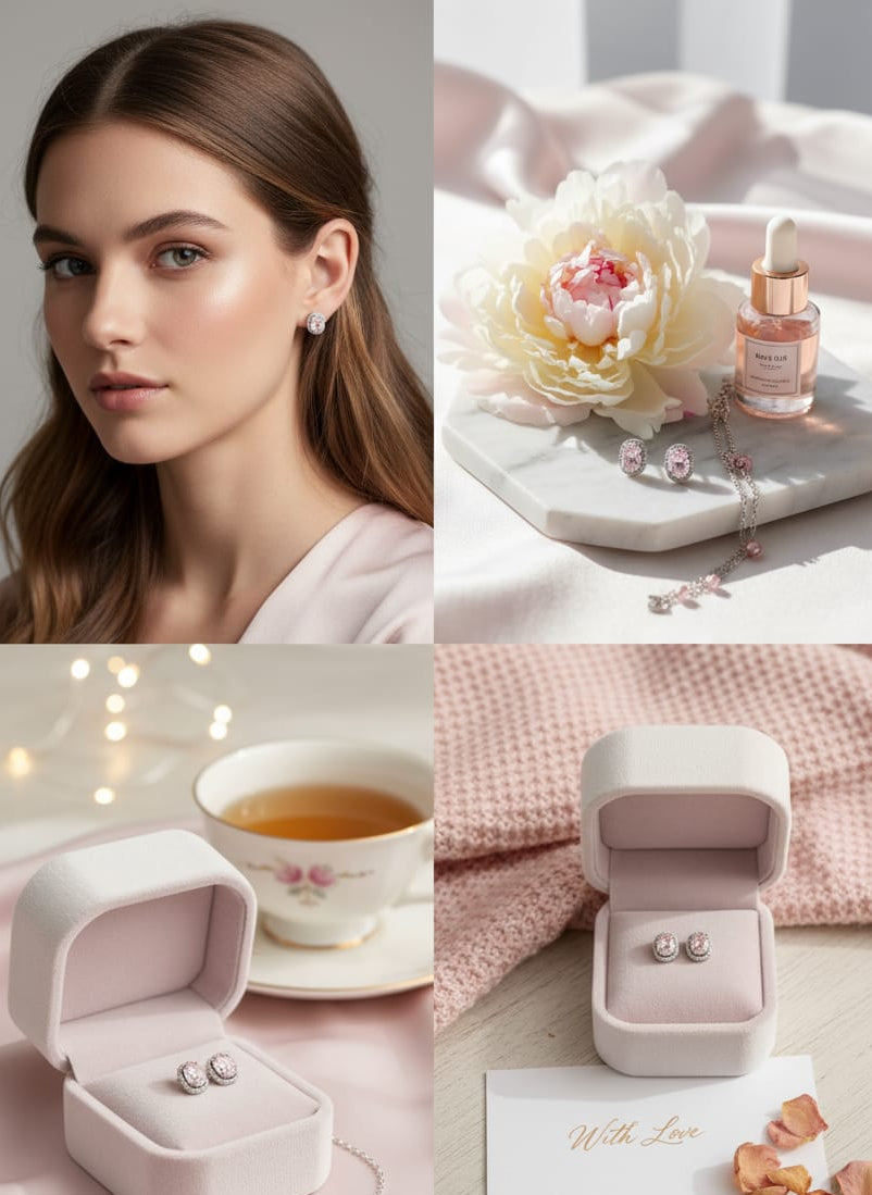 925 Silver Pink Oval Earrings