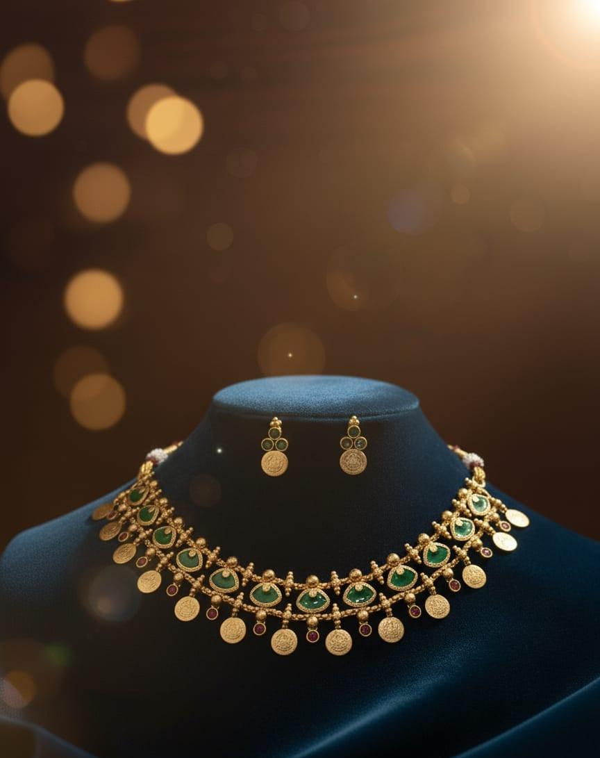 Ruby Emerald Coin Necklace Set