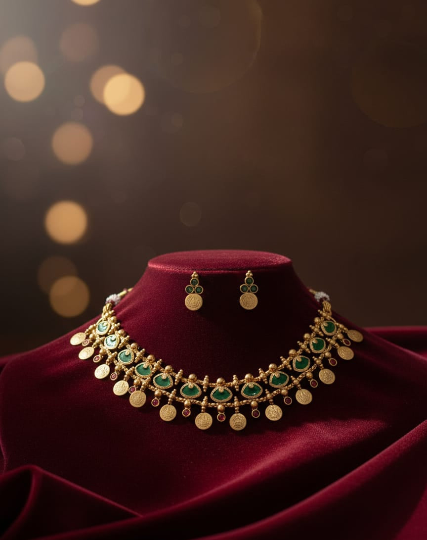 Ruby Emerald Coin Necklace Set