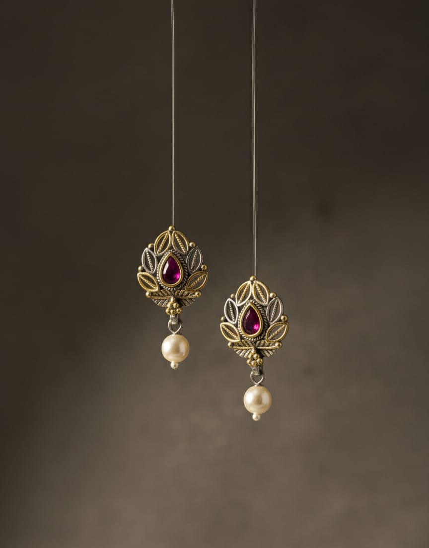 925 Silver Ruby Dual Tone Earrings