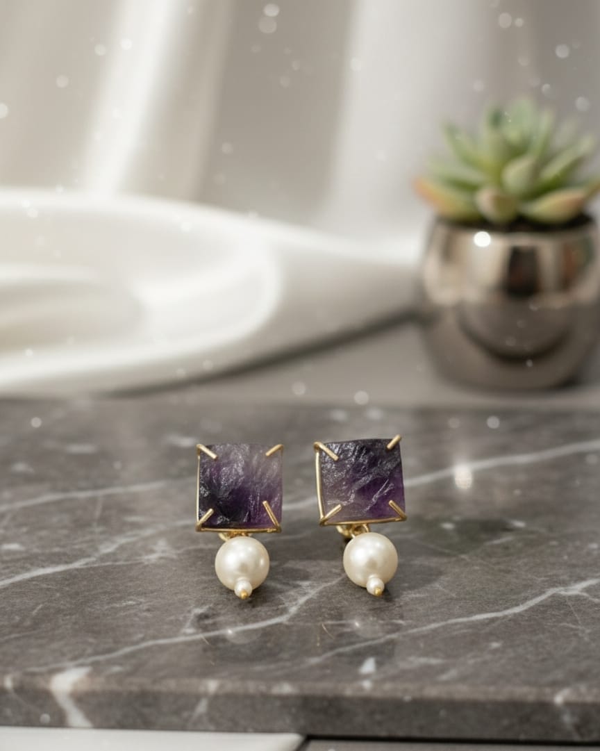Purple Stone Pearl Earrings