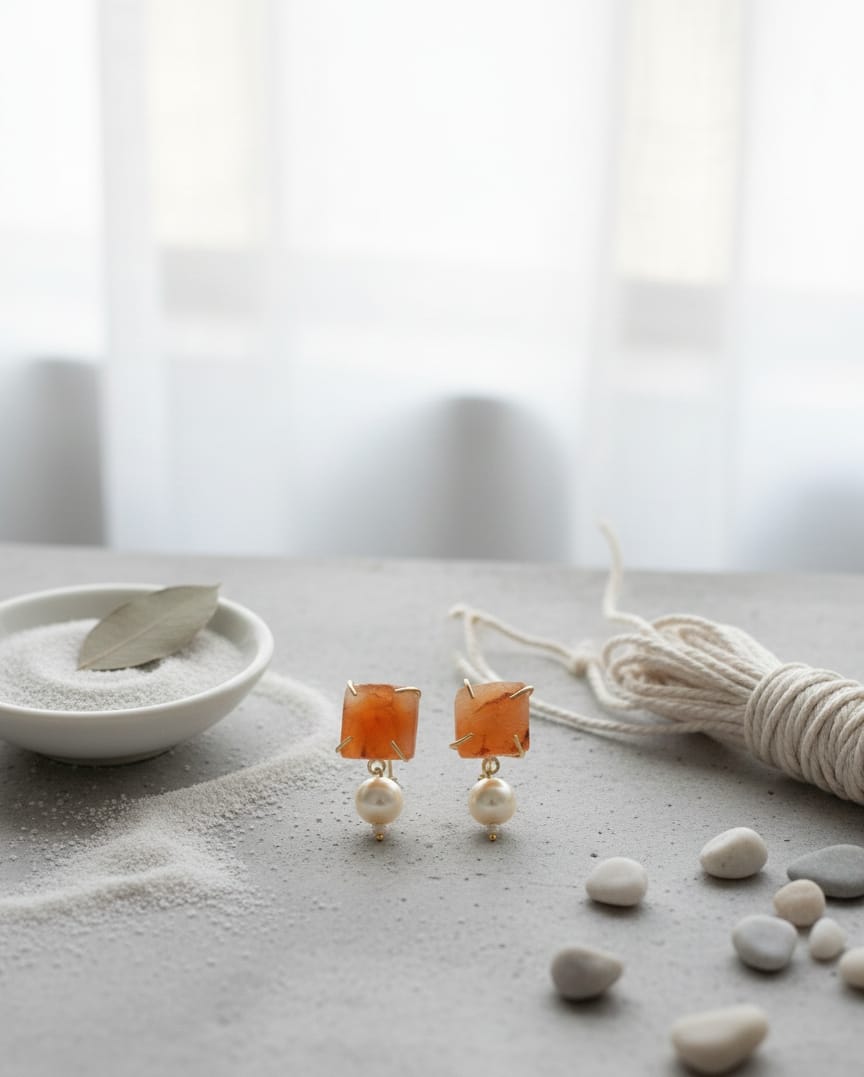 Orange Stone Pearl Earrings