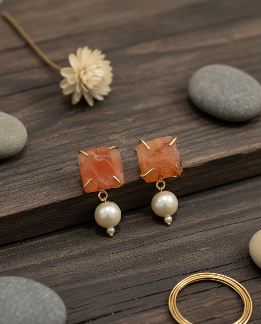 Orange Stone Pearl Earrings