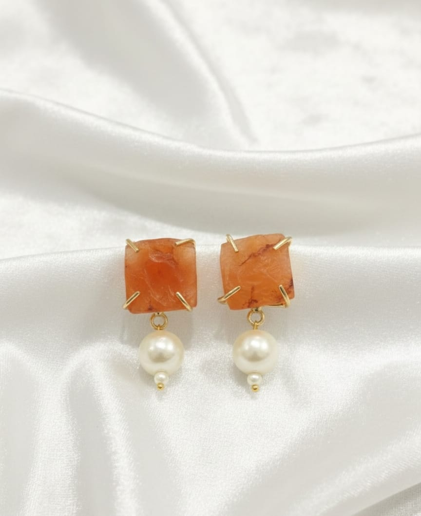 Orange Stone Pearl Earrings