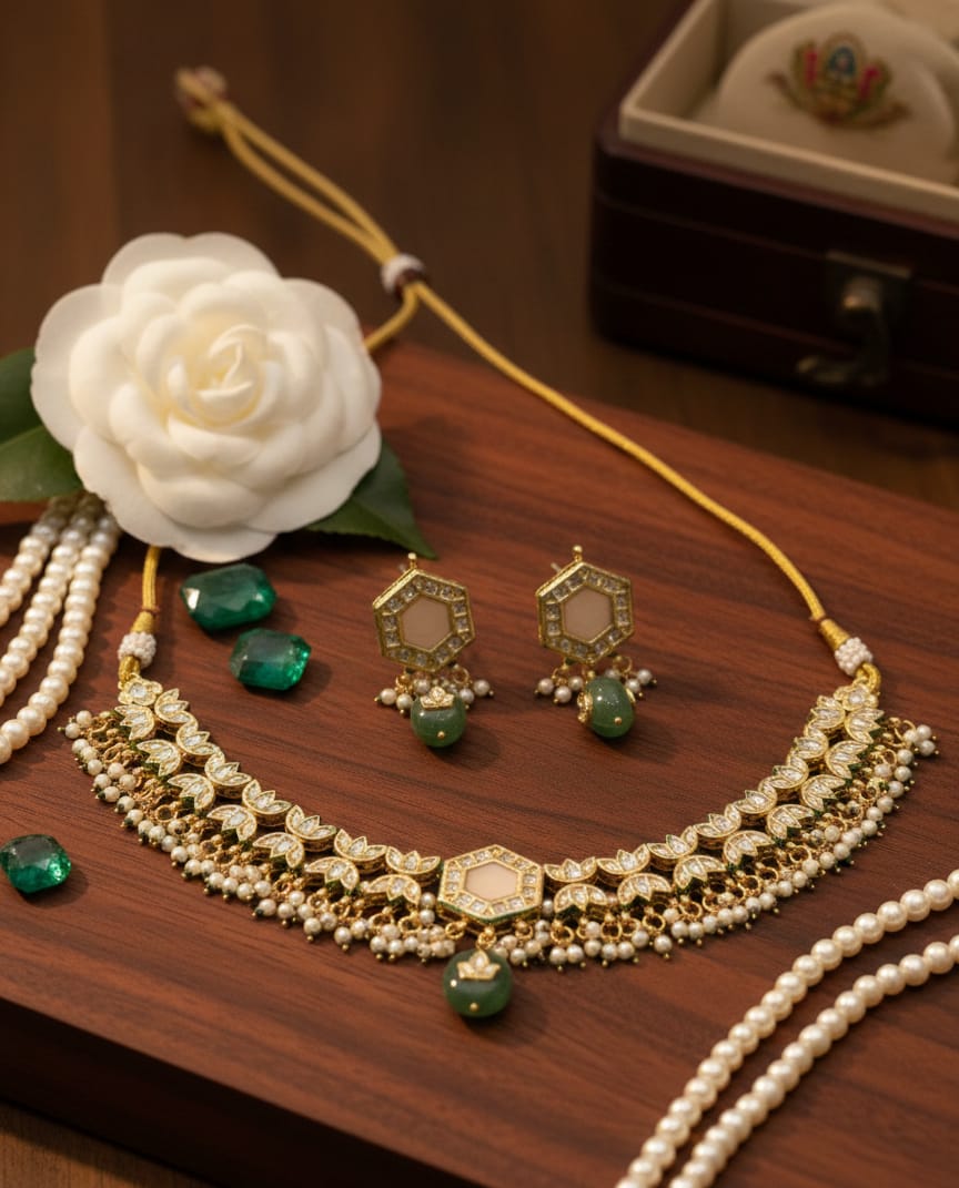 Mint Pink Kundan Necklace Set