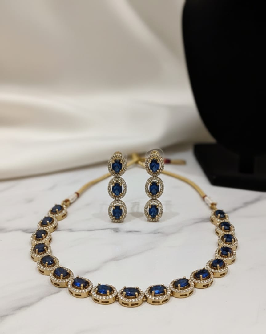Blue Oval Golden Necklace Set