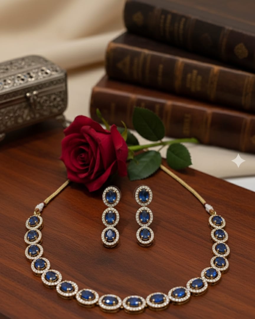 Blue Oval Golden Necklace Set