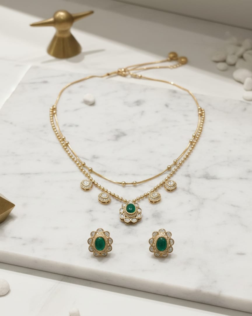 Drop Emerald Polki Necklace Set