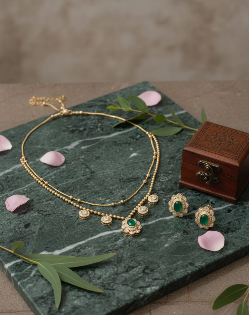 Drop Emerald Polki Necklace Set