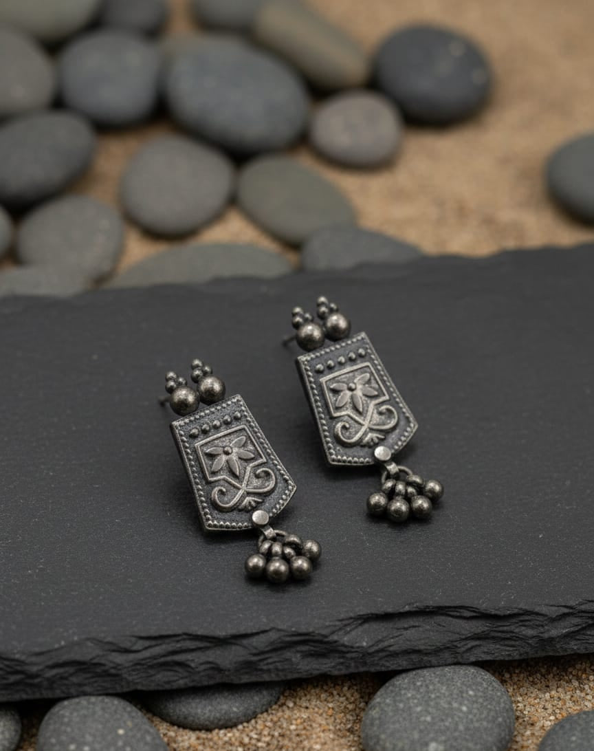 925 Silver Flower Oxidised Earrings