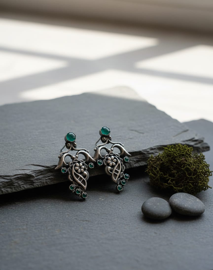 925 Silver Oxidise Emerald Earrings