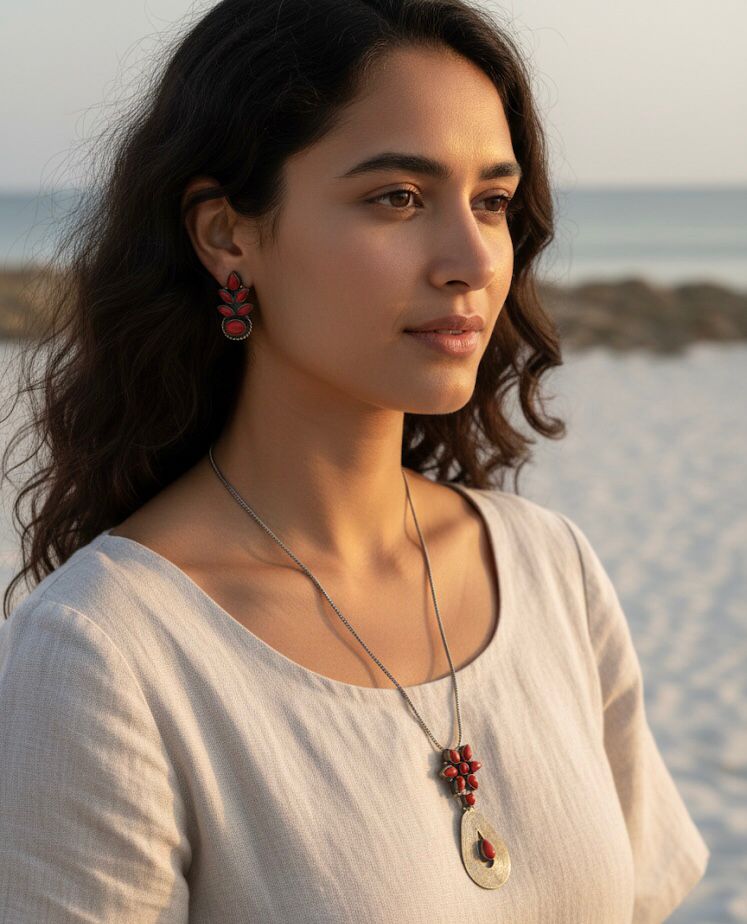 925 Silver Coral Pendant Set