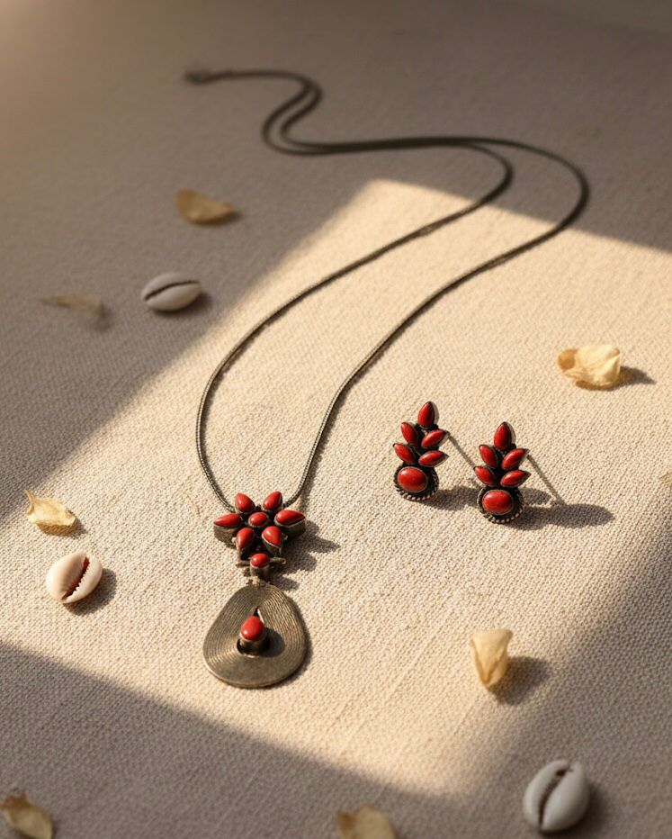 925 Silver Coral Pendant Set