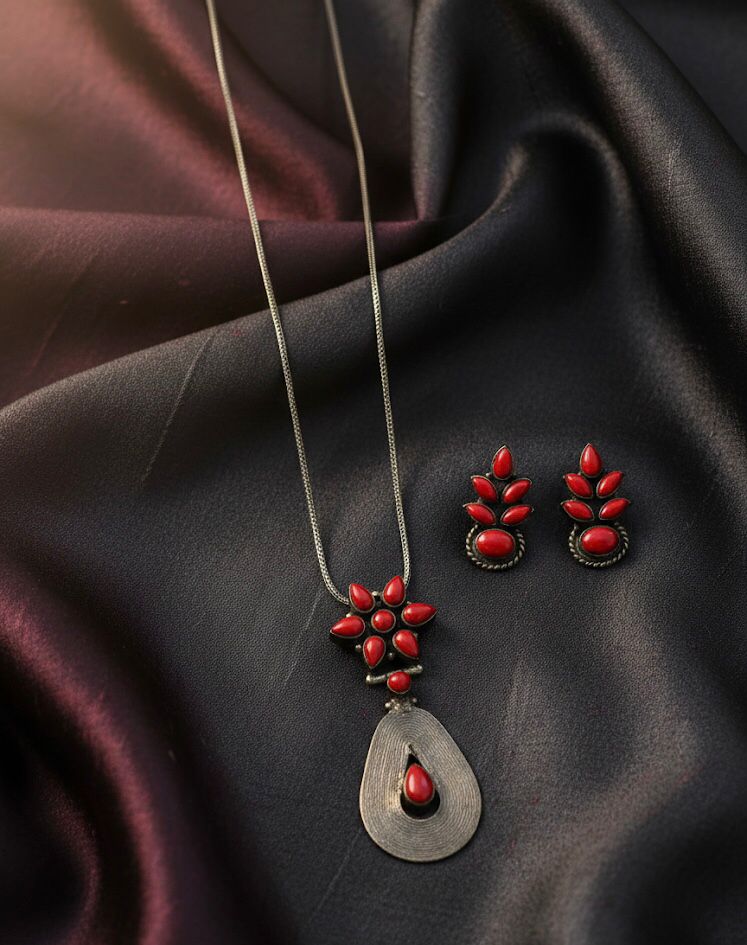 925 Silver Coral Pendant Set