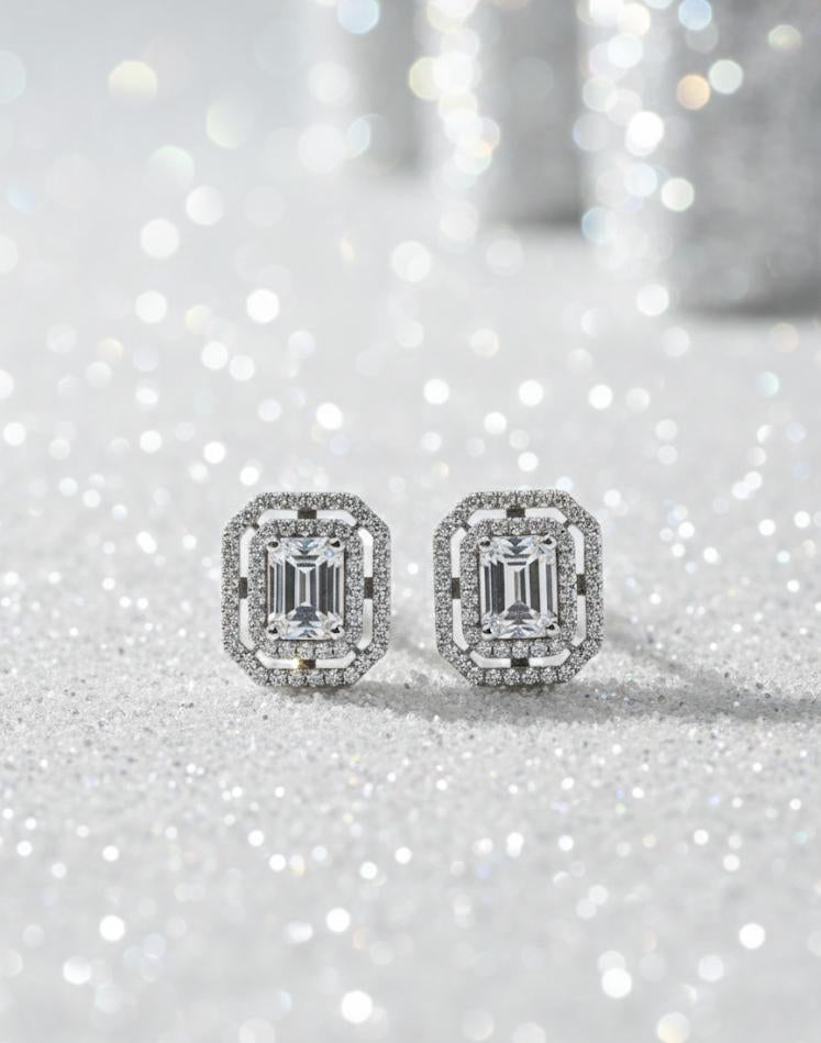 Princess Cut Stud Silver Earrings