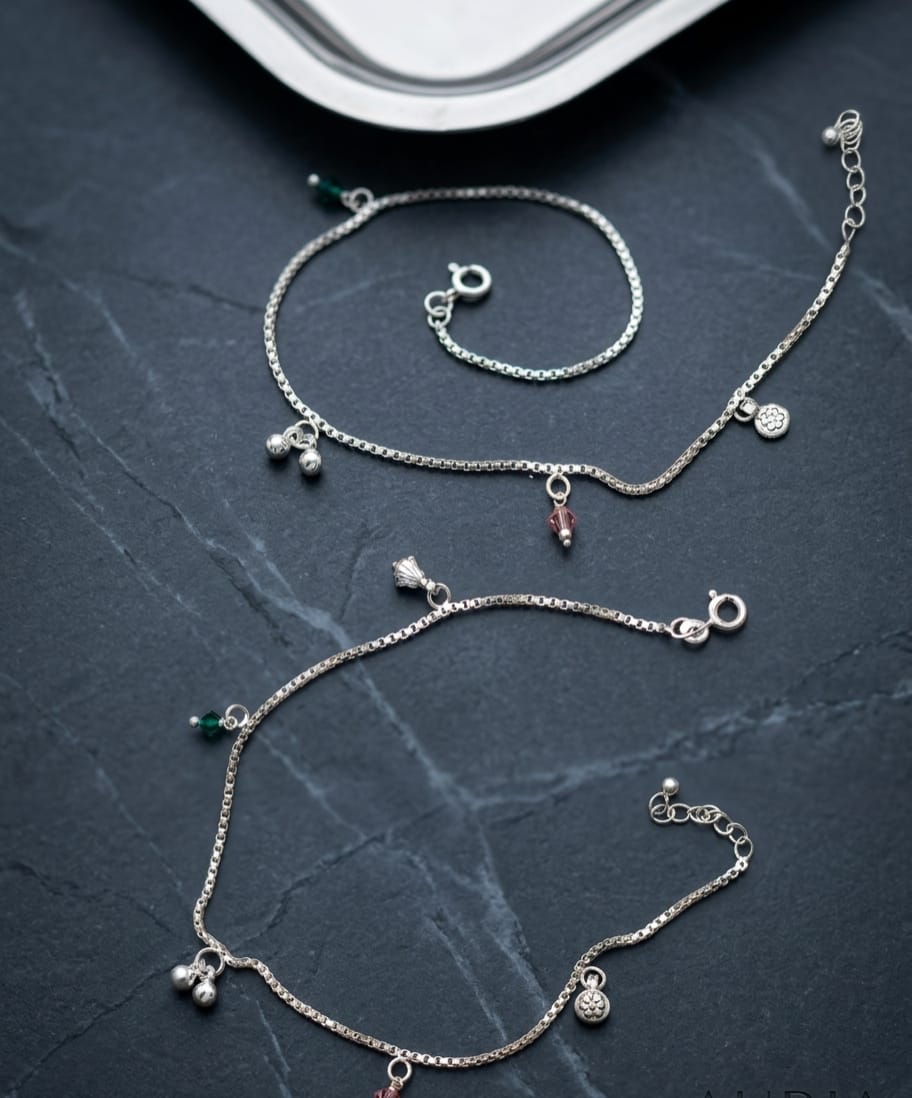 925 Silver Green Pink Beads Anklet