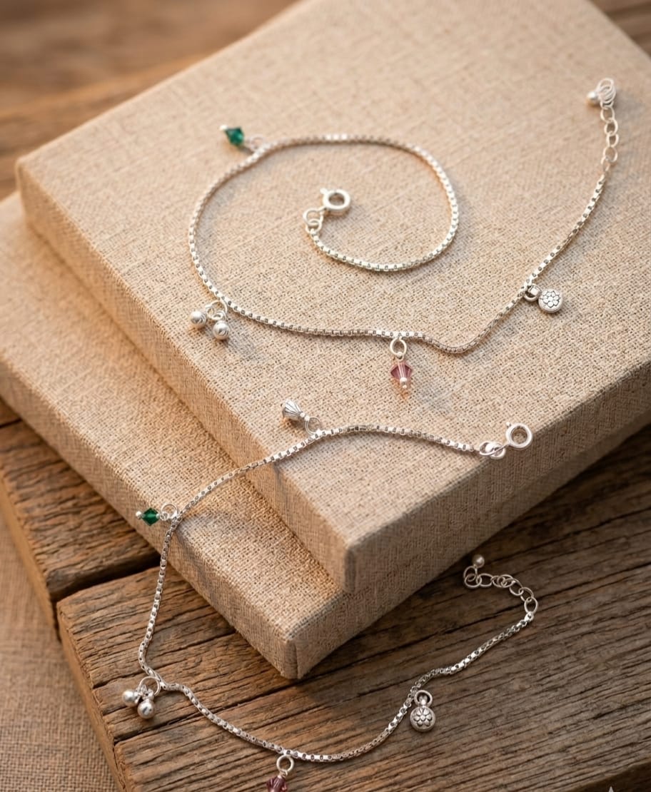 925 Silver Green Pink Beads Anklet