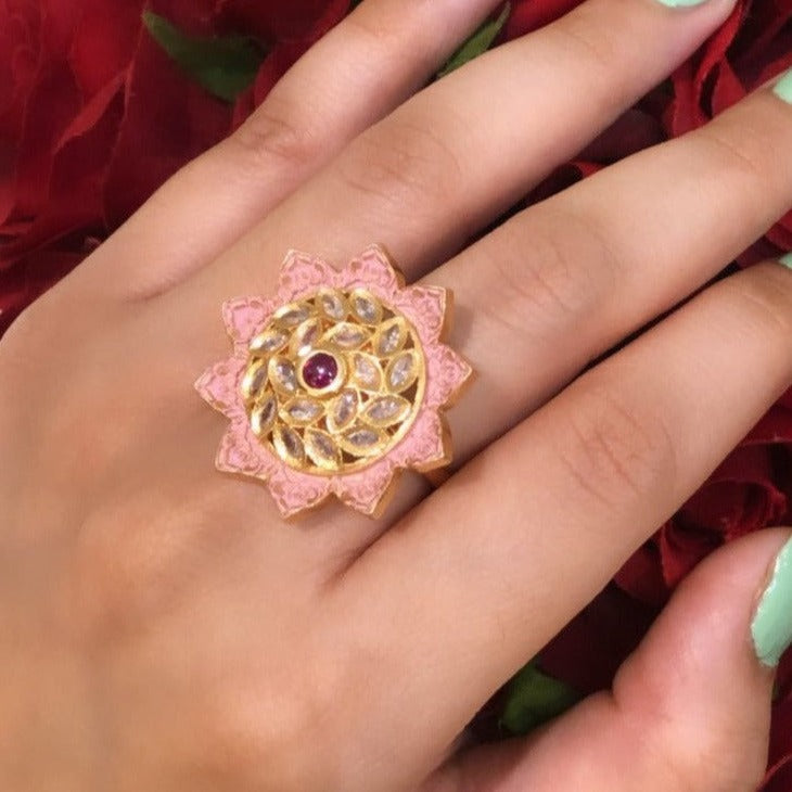 Pink Meenakari Kundan Ring Zayn Luxury Jewellery