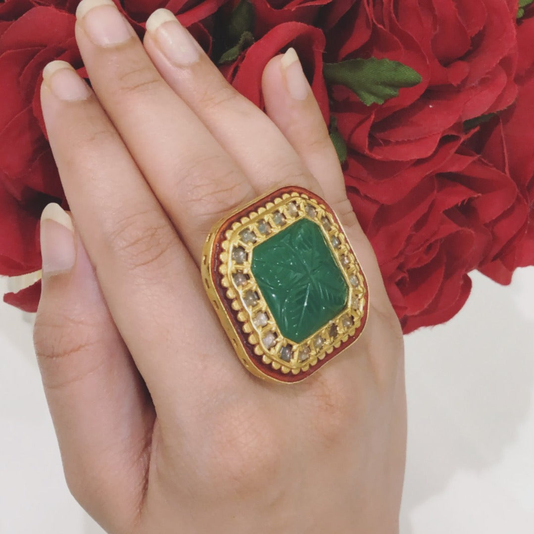 Square shaped green emerald stone ring in platinum plating with cz -